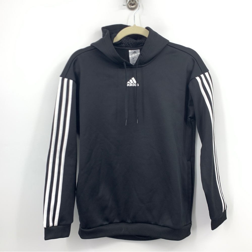 ADIDAS Women Small Hoodie Pullover Sweatshirt‎ Top Black White 3 Stripe Fleece